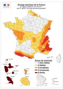 Zonage sismique France à compter du 1er mai 2011